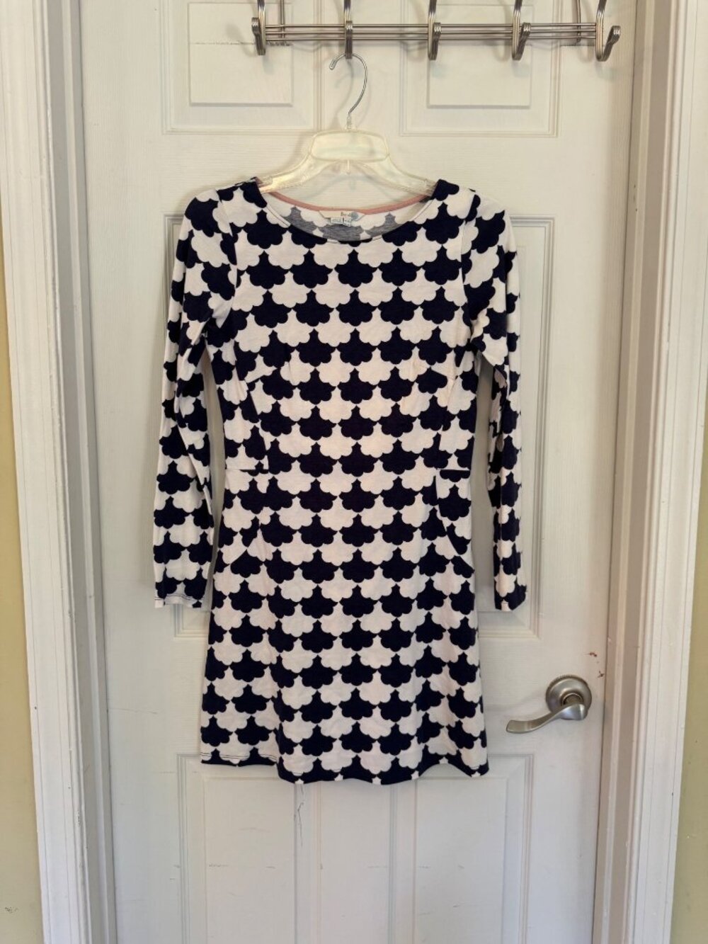Boden Blue White Scallop Jersey Knit Tunic Dress Long Sleeve Sheath Mini US 4R - Picture 2 of 10